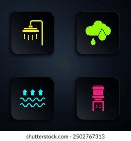 Set Water cooler, Shower, Waves of water and evaporation and Cloud with rain. Black square button. Vector