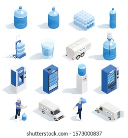 Set with water delivery isometric icons of plastic bottles boilers vending machines and characters of workers vector illustration