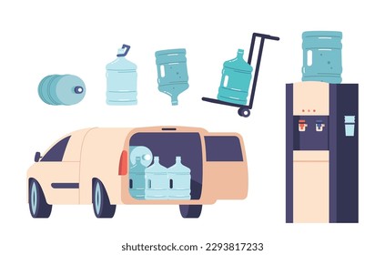 Set Of Water Delivery Service Equipment And Items. Car With Plastic Bottles, Gallon On Manual Trolley And Water Cooler