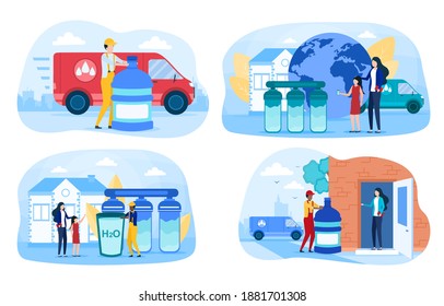 Set of water delivery situations with delivery boy and customers. Fast and convenient way to have water delivered at your door. Mother and daughter recieving water. Flat cartoon vector illustration