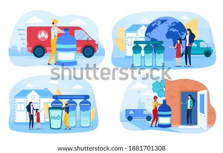 Set of water delivery situations with delivery boy and customers. Fast and convenient way to have water delivered at your door. Mother and daughter recieving water. Flat cartoon vector illustration