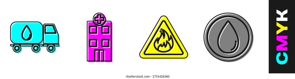 Set Water delivery truck, Medical hospital building, Fire flame in triangle and Water drop icon. Vector