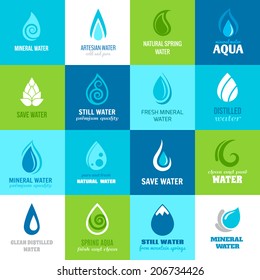 Set of water design clean nature aquadrops in blue and green color with text vector illustration