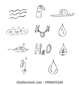 Set of water doodle. Icon. Water bottle, wave, drop, puddle, leaf, water formula. Vector. hand drawing. Doodle.