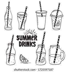 Set of water, drinks, lemonade, coffee and smoothies in different cups