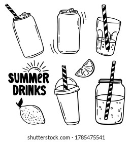 Set of water, drinks, lemonade, coffee and smoothies in different cups