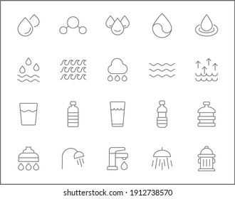 Set of water and drinks line style. It contains such Icons as bottle, glasses, bathroom, faucet, shower, h2o and other elements. customize color, easy resize.