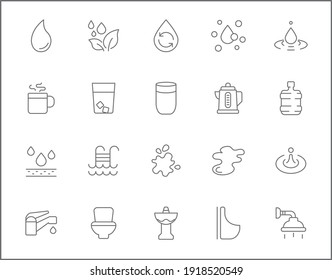 Set of water and drinks line style. It contains such Icons as bottle, glasses, bathroom, faucet, shower, cup, kettle and other elements. customize color, easy resize.