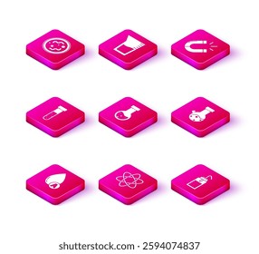 Set Water drop, Atom, Test tube and flask chemical, Laboratory wash bottle, Magnet and glassware beaker icon. Vector