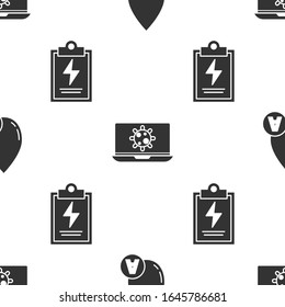 Set Water drop, Bacteria on laptop and Laboratory clipboard with checklist on seamless pattern. Vector