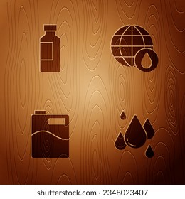 Set Water drop, Bottle of water, Big bottle with clean and Earth planet in on wooden background. Vector