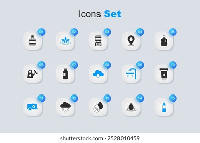 Definir gota de água, Garrafa de água, tanque móvel, cartucho de filtro, garrafa grande com limpo e Cloud ícone da chuva. Vetor