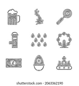Set Water drop, British police helmet, crown, London eye, Pound sterling money, mail box, Magnifying glass and Wooden beer mug icon. Vector