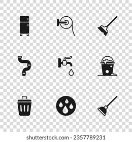 Set Water drop, Bucket with foam and bubbles, Rubber plunger, tap, Mop, Refrigerator, Toilet paper roll and Industry metallic pipe icon. Vector