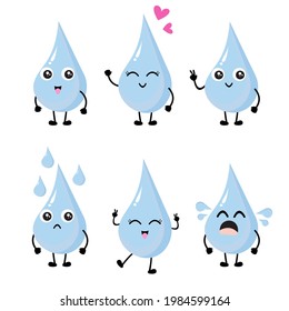Set of water drop characters. Adorable illustration, idea for mascot, emoticon, expression, icon, button, cartoon or comic character, element of kids book, water chemistry and science for children