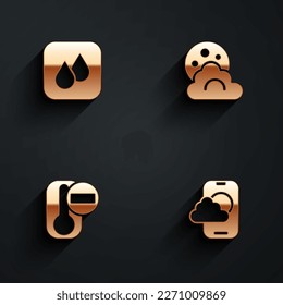Set Water drop, Cloud with moon, Thermometer and Weather forecast app icon with long shadow. Vector