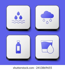 Set Water drop, Cloud with rain, Bottle of water and Glass icon. White square button. Vector