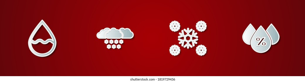 Establece la caída de agua, Nube con nieve, Nieve y porcentaje icono. Vector.