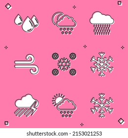 Set Water drop, Cloud with snow and moon, rain, Wind, Snow and Snowflake icon. Vector