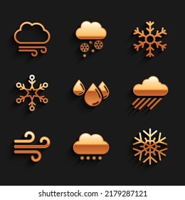 Ponga agua en gota, Nube con nieve, copo de nieve, lluvia, viento e ícono. Vector