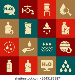 Set Water drop, Earth planet in water, Bottle of with glass, cooler, filter cartridge, Big bottle clean, Chemical formula for H2O and Recycle aqua icon. Vector
