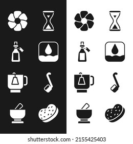 Set Water Drop, Essential Oil Bottle, Flower, Sauna Hourglass, Cup Of Tea With Tea Bag, Ladle, Bath Sponge And Mortar And Pestle Icon. Vector