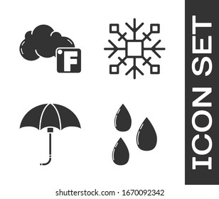 Set Water drop, Fahrenheit and cloud, Classic elegant opened umbrella and Snowflake icon. Vector