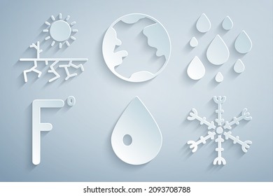 Set Water drop, Fahrenheit, Snowflake, Earth globe and Drought icon. Vector