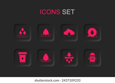 Set Water drop, filter cartridge, with speech bubbles, Fire hydrant, Cloud rain and  icon. Vector