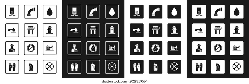 Set Water drop, filter, tap, Gas boiler with burning fire, Fire hydrant, Industry metallic pipe, Electric water pump and Plumber icon. Vector