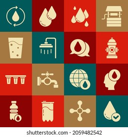 Wassertropfen setzen, Hydrantenfeuer, Dusche, Glas mit Wasser, reines Wasser recyceln und Symbol. Vektorgrafik
