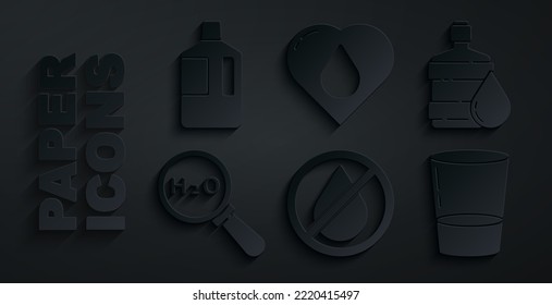 Set Water drop forbidden, Big bottle with clean water, Chemical formula H2O, Glass, Heart and  icon. Vector