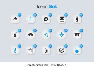 Set Water drop forbidden, Cloud with rain, Shower, Bottle of water, Jug glass, filter cartridge, Iceberg and Test tube icon. Vector