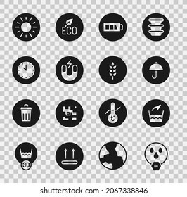 Set Water drop forbidden, Hand wash laundry, Delivery package with umbrella, Battery, Magnet, Clock, Sun and Wheat icon. Vector