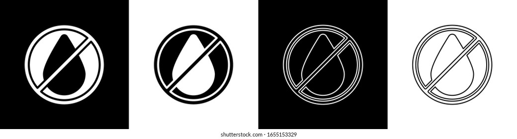 Set Water drop forbidden icon isolated on black and white background. No water sign.  Vector Illustration