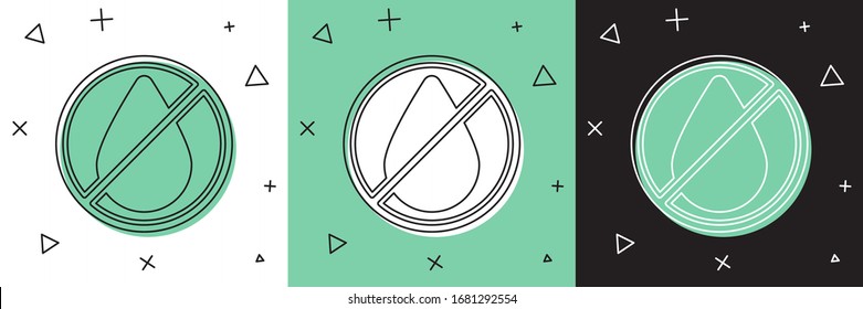 Set Water drop forbidden icon isolated on white and green, black background. No water sign.  Vector Illustration