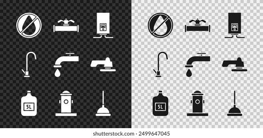 Set Water drop forbidden, Industry pipe and valve, Gas boiler with burning fire, Big bottle clean water, Fire hydrant, Rubber plunger, tap and  icon. Vector