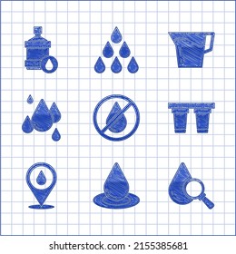 Prohibir la gota de agua, Dejar caer y lustrar vidrio, filtrar, con ubicación, Agua Jug y Gran botella icono limpio. Vector