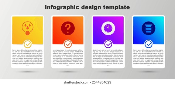 Set Water drop forbidden, Unknown search, Clock and Bowl. Business infographic template. Vector