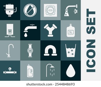 Set Water drop, Glass with water, Big bottle clean, Manhole sewer cover, tap, Gas boiler burning fire, Electric for heating and Industry metallic pipe icon. Vector