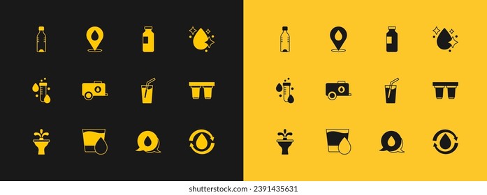 Wassertropfen setzen, Glas mit Wasser, Sprechblasen, Mobile Tank, Flasche von und Standort Symbol. Vektorgrafik