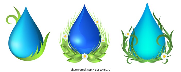 Set water drop. Water drop with green leaves, flowers and grass. Ecology vector illustration isolated on white background.