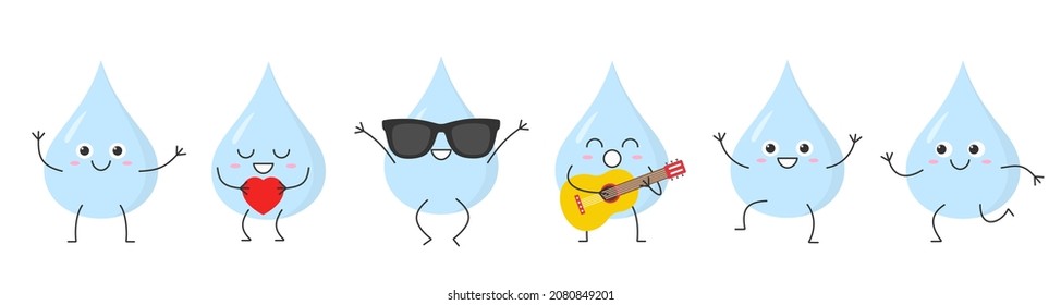 Set water drop greeting jumping loves sings running cute funny character cartoon smile face happy joy emotions icon vector illustration.