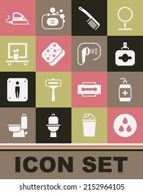 Set Water drop, Hand sanitizer bottle, Perfume, Hairbrush, Sponge, Washbasin mirror, Electric iron and Shower icon. Vector