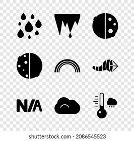 Set Water drop, Icicle, Eclipse of the sun, Not applicable, Cloud, Meteorology thermometer,  and Rainbow icon. Vector