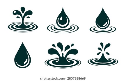 Set of water drop icons in different shapes and sizes liquid splashes