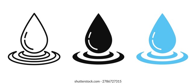 Set of water drop icons with ripples, vector illustration of liquid droplets in outline, solid black, and blue styles