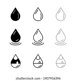 Set of water drop icons shot in 9 different thicknesses. Glowing water icon with water drop. Flat art modern vector icon illustration.