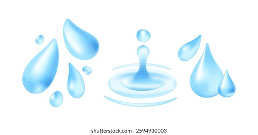 Set of water drop icons. Watercolor stickers with liquid splashes of blue aqua. Rain and puddle. Decorative design elements. Realistic 3D vector illustration collection isolated on background