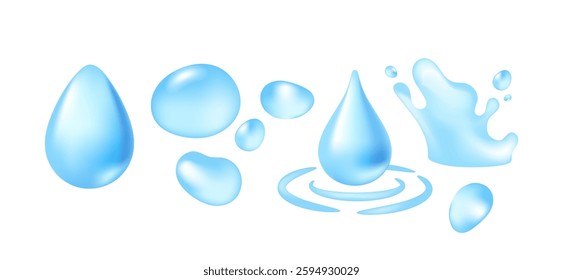 Set of water drop icons. Watercolor liquid aqua splashes, splatters and puddles. Decorative design elements. Realistic 3D vector illustration collection isolated on background